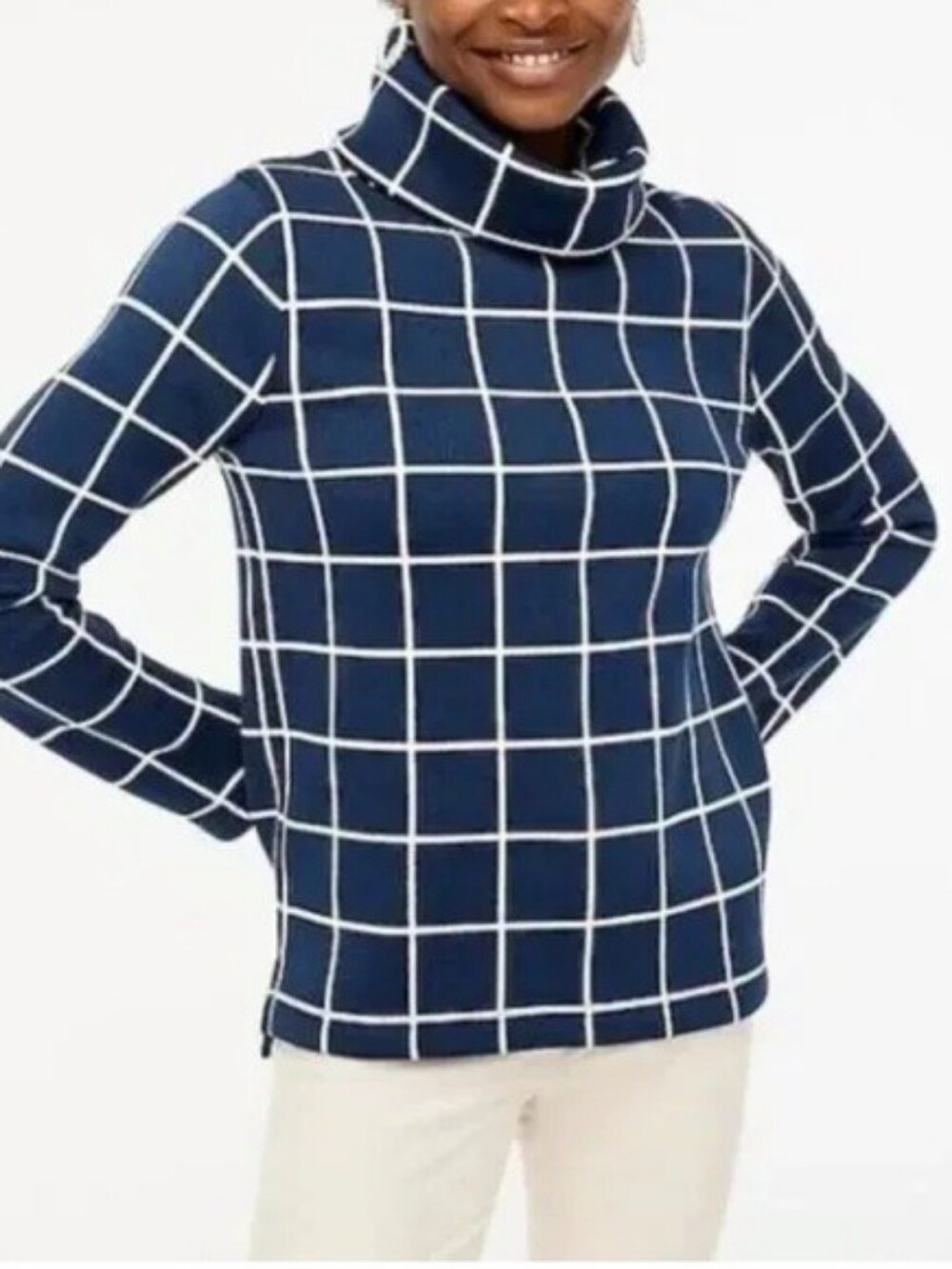 J.Crew Factory Navy Windowpane Turtleneck Sweater M Preppy Coastal Classic